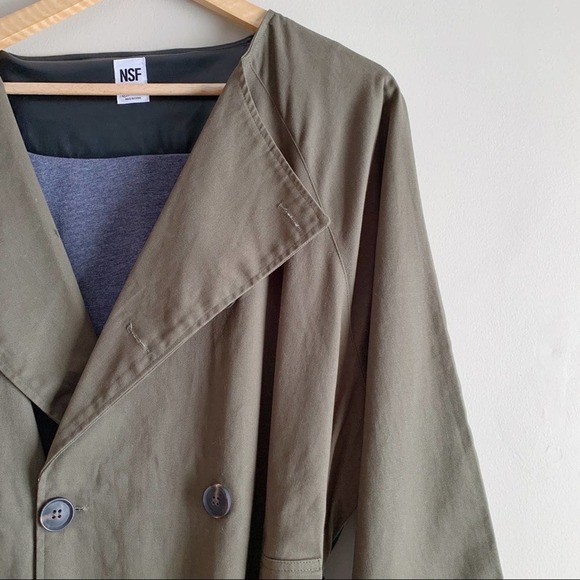 NWT NSF Gladys Contrast Belted Trench Coat Faux Leather Back in Olive Green Sz 2 - Picture 5 of 14